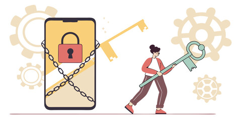 Unlock mobile security with a woman holding a key to protected phone data, cybersecurity concept