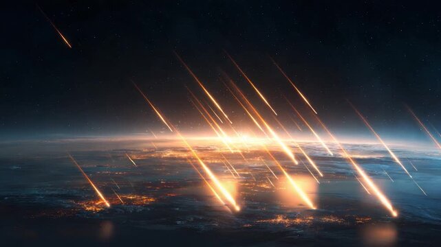 Meteor shower hitting Earth in fiery atmosphere
