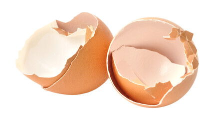 Broken brown eggshells isolated on transparent background, PNG, organic egg shell fragments for cooking, compost, recycling, and food waste concepts