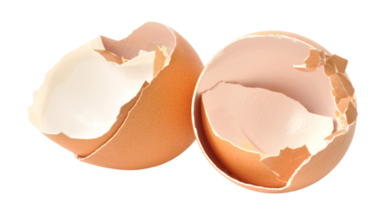 Broken brown eggshells isolated on transparent background, PNG, organic egg shell fragments for cooking, compost, recycling, and food waste concepts
