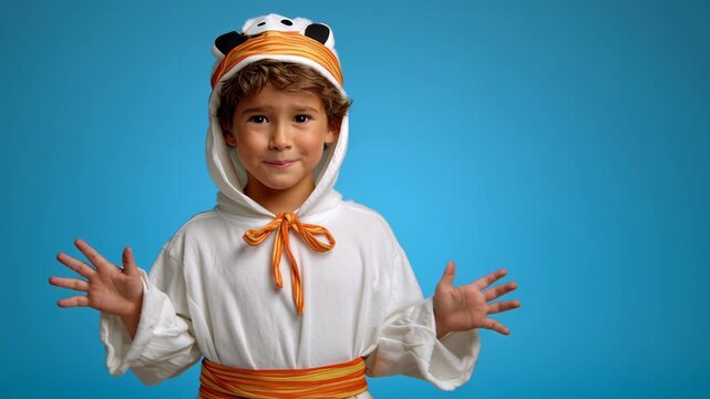 Child in costume saying boo for Halloween fun.