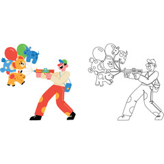 Man shooting water gun at animal balloons illustration animals cartoon color black and white line art toy fun