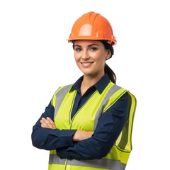 Smiling construction worker wearing an orange hard hat and a bright yellow safety vest with arms crossed isolated on transparent background