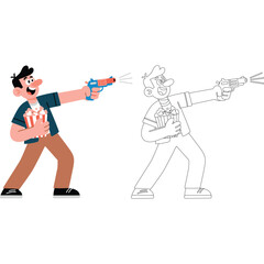 Cartoon Man with Popcorn and Toy Gun Illustration character fun entertainment leisure movie cinema water