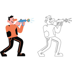 Cartoon Man with Ray Gun and Line Art Version planet illustration shooter weapon laser futuristic