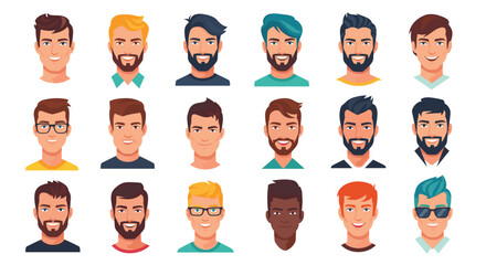 Diverse collection of cartoon male avatars featuring various hairstyles, beards, and facial expressions, suitable for user profiles or character design.