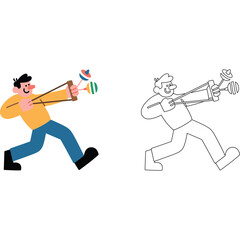 Cartoon Man with Slingshot and Maracas Illustration running playful educational outline black and white