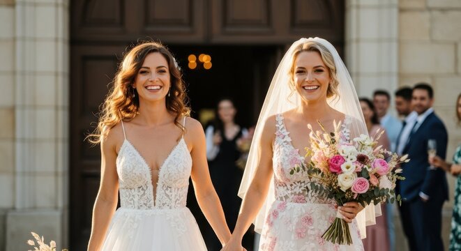 Love's Embrace: Two radiant brides emerge from a grand church, their faces alight with joy, as they embark on a journey of love and commitment, celebrated by cherished ones.