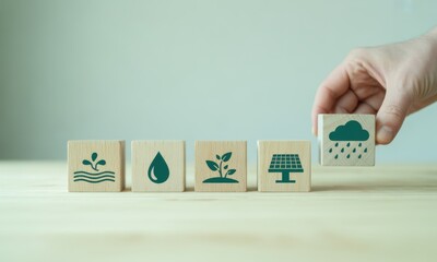 Eco-Friendly Puzzle: A hand places a rain cloud icon on a wooden block, joining other blocks depicting eco-friendly symbols, symbolizing harmony, environment