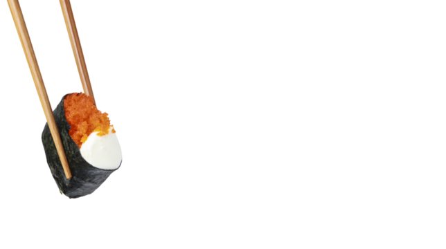 Japanese sushi roll with fish roe and cream cheese held by chopsticks for gourmet seafood cuisine, isolated on transparent background, PNG. - Powered by Adobe