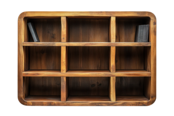 Rustic wooden bookshelf with nine compartments and books for home decor and storage solutions on transparent background