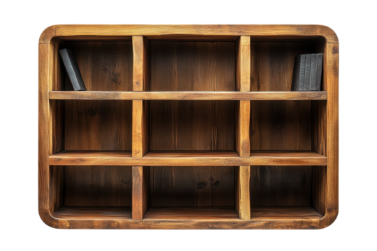 Rustic wooden bookshelf with nine compartments and books for home decor and storage solutions on transparent background