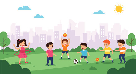 Happy children play various outdoor games in a vibrant city park with a cityscape background on a sunny day.