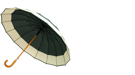 Elegant black and beige umbrella with wooden handle for weather protection and rainy season concept, isolated on transparent background, PNG.
