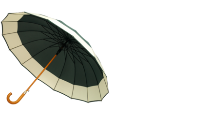 Elegant black and beige umbrella with wooden handle for weather protection and rainy season concept, isolated on transparent background, PNG.