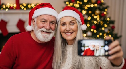 Joyful Christmas selfie: An elderly couple, donned in festive Santa hats, capture a selfie amidst a warmly decorated Christmas setting.