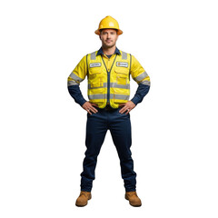 A construction worker wearing a yellow hard hat and reflective safety vest stands confidently with hands on hips isolated on transparent background