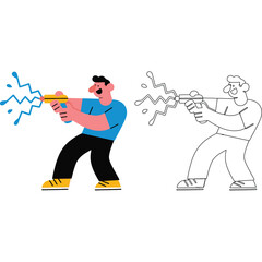 Cartoon man shooting water gun with line art version illustration summer fun playful vector drawing character