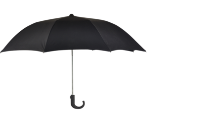 Classic black umbrella with curved handle for rain protection and weather safety concept, isolated on transparent background, PNG.