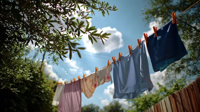 Clothes hanging on a line under a sunny sky.