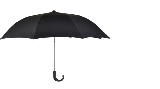 Classic black umbrella with curved handle for rain protection and weather safety concept, isolated on transparent background, PNG.