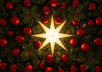 Bright star illuminates festive christmas tree ornaments and greenery