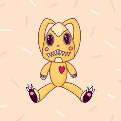 Cute and scary Monster Characters set. Rabbit, cat and bear with claws and horns. Funny mascot kawaii beasts in hand drawn modern style. 