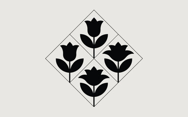 Four black tulip silhouettes within a diamond frame on a light gray background flower graphic
