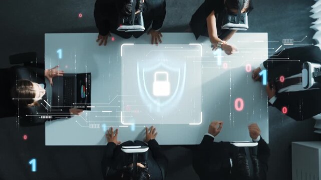 A group of business experts wearing virtual reality headsets engage in a collaborative meeting focused on developing innovative cybersecurity strategies and solutions. Raster