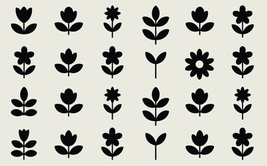 Collection of twenty stylized black floral and leaf silhouette icons on a light beige background