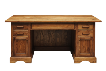 Classic wooden desk with drawers and cabinet doors offers a vintage aesthetic for home or office space on transparent background