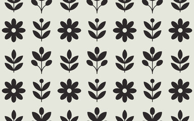 Repeating pattern of black stylized flowers and leaf branches on a light background texture