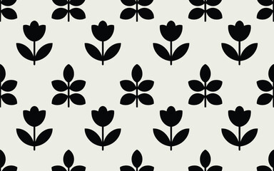 Seamless pattern of black stylized tulips and leaf clusters on a light background texture