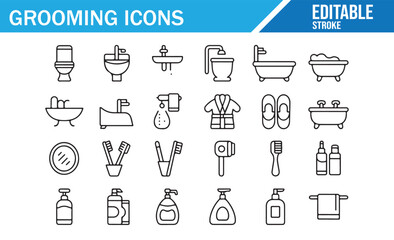 Editable stroke grooming icon set – bathroom, hygiene, and personal care outline vector symbols