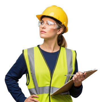 A focused female construction worker wearing a yellow hard hat and safety vest holding a clipboard isolated on transparent background