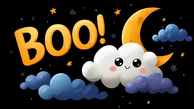 Cute cloud with moon and stars saying Boo!