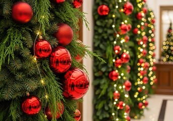Festive red ornaments adorn lush green christmas trees with twinkling lights