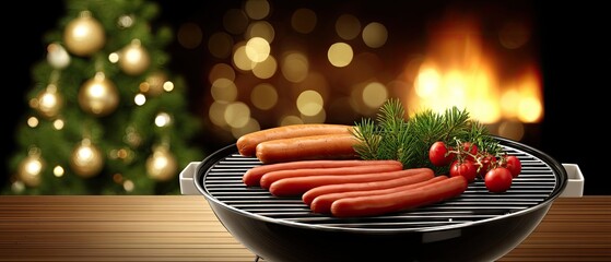 Grilling sausages with festive decorations and warm fire creating a cozy atmosphere for holiday gatherings