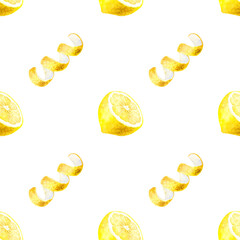 Hand drawn watercolor seamless pattern of a lemon cut in half and peel isolated on a white background.