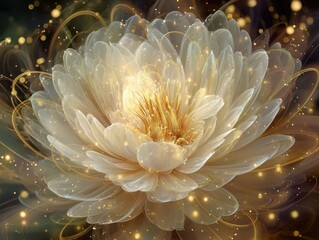 Abstract Glowing Bloom Art Elegant White Gold Petals Shimmering Light Wisps Sparkles Dark Background Delicate Floral Fractal Design Opulent Fantasy Blossom