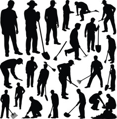 Gardening silhouettes, landscaping workers, outdoor labor, shovel and rake tools, planting activity, garden maintenance, agriculture people, manual work, nature care