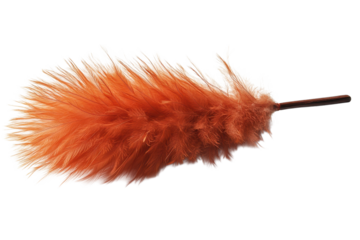 Orange feather duster with a wooden handle for cleaning dust and household chores in a home setting on transparent background