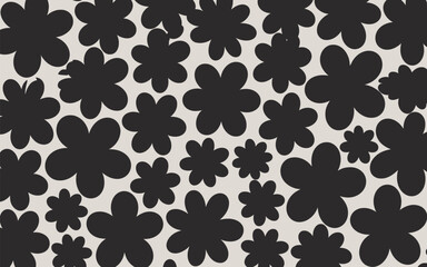 Dense Arrangement of Black Abstract Flower Shapes of Various Sizes on Light Beige pattern