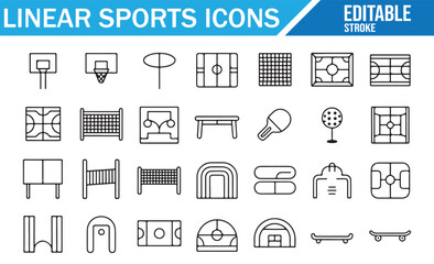 Outline sports equipment and field icons – editable stroke vector design collection