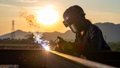 Outdoor Welding at Sunset &ndash; Industrial Craftsmanship and Scenic Backdrop