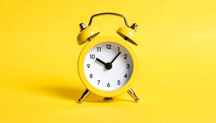 Yellow Twin-Bell Alarm Clock on Monochrome Yellow Background – Retro Timepiece and Minimalist Design