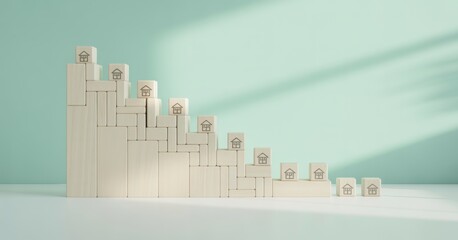 Property Market: Wooden blocks arranged in a staircase formation, with each step representing a house, suggest a decline in the property market.