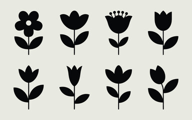 Eight distinct black floral silhouette icons arranged in two rows on a light beige background