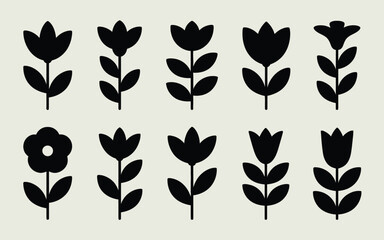 Collection of ten stylized black floral silhouettes on a light beige background flower