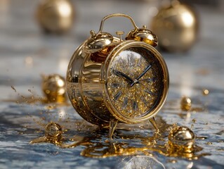 Golden Alarm Clock Glitter Splashes Wet Surface Liquid Gold Droplets Time Concept Opulent Precious Metal Shiny Object Background